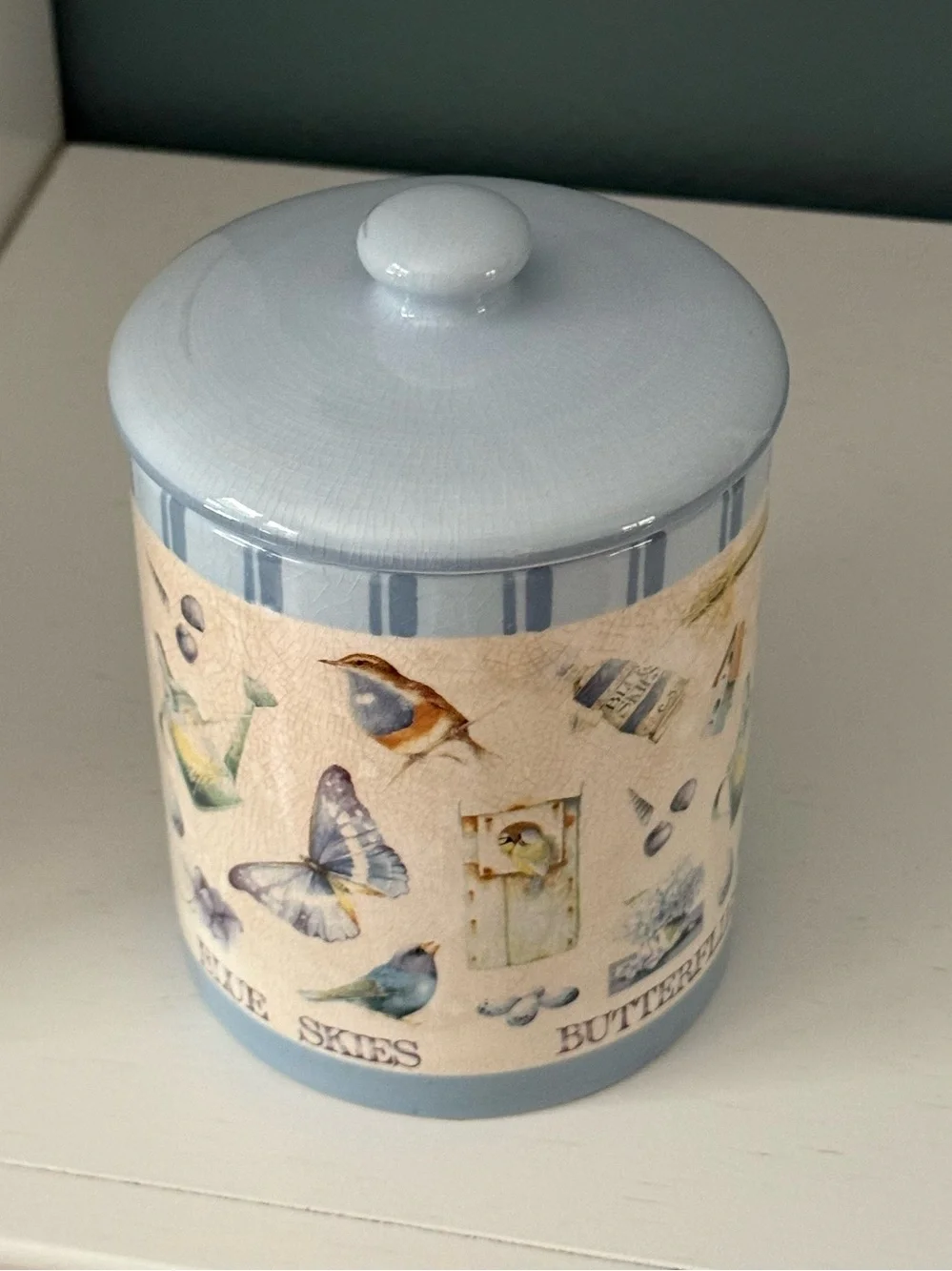 Vintage 1990s Hallmark Marjolein Bastin Ceramic Canister Blue Skies